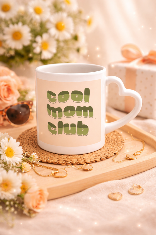 Cool Mom Club heart-shaped ceramic mug with "Cool Mom Club" design, ideal for gifting to moms for coffee or tea.